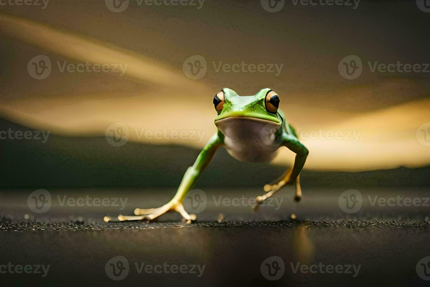 een kikker is jumping Aan de grond. ai-gegenereerd foto