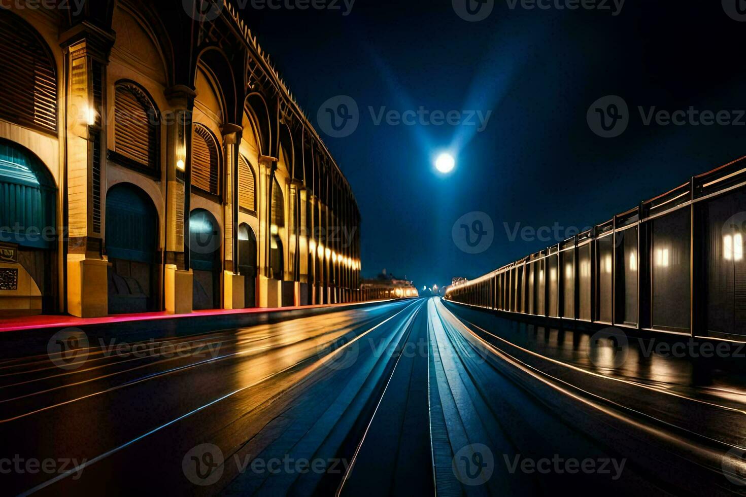een lang blootstelling foto van een trein gaan door een stad Bij nacht. ai-gegenereerd