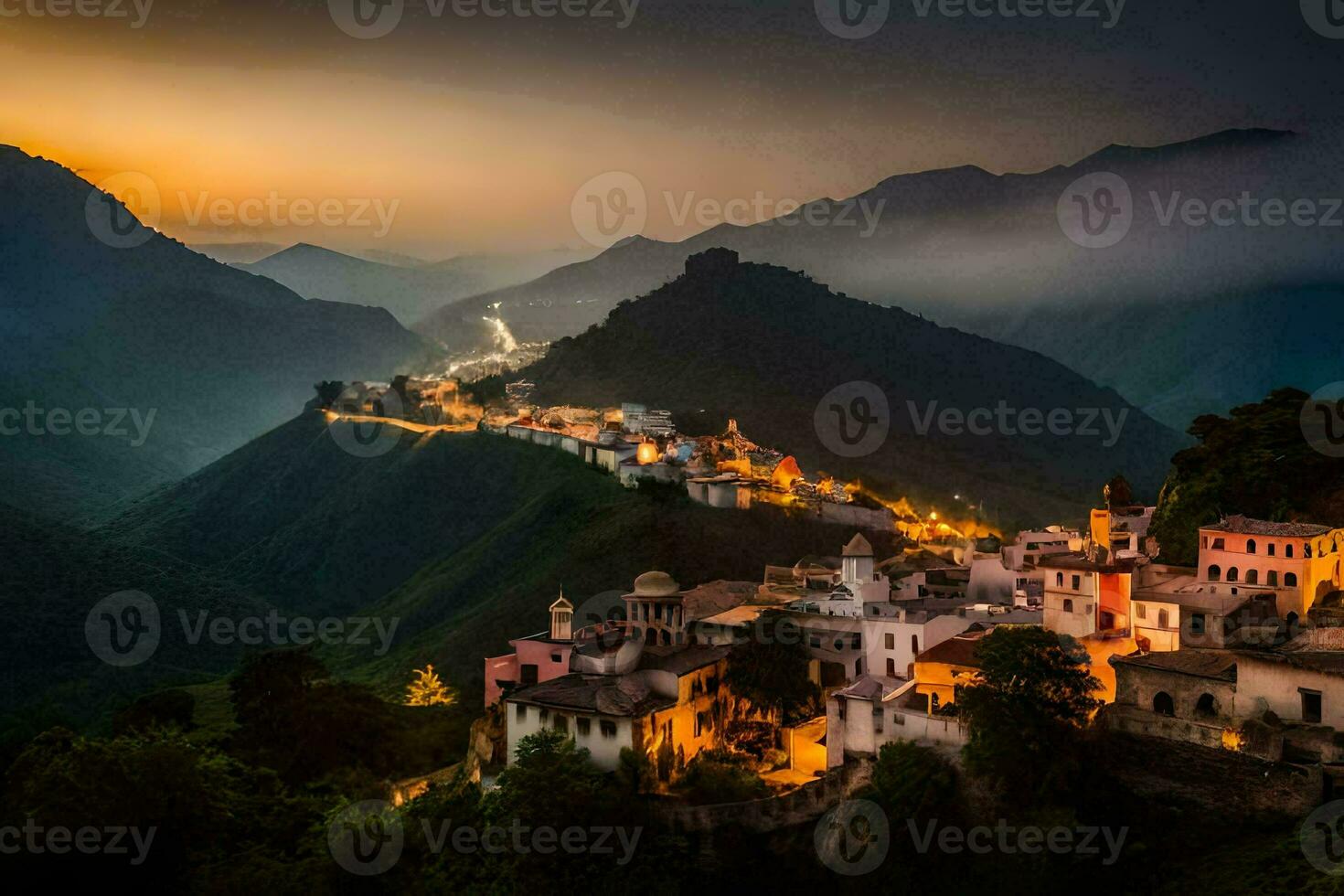 foto behang de lucht, bergen, dorp, zonsondergang, de dorp, de dorp, de dorp. ai-gegenereerd