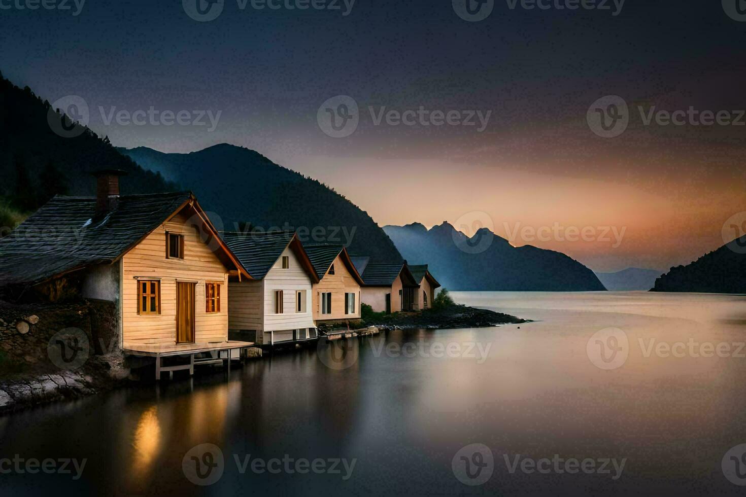 foto behang de lucht, bergen, meer, huis, de huis, de meer, de bergen. ai-gegenereerd