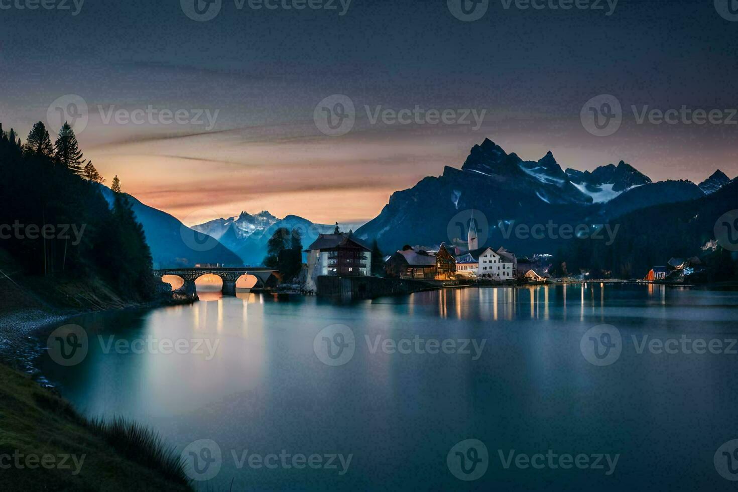 een meer en bergen Bij zonsondergang. ai-gegenereerd foto