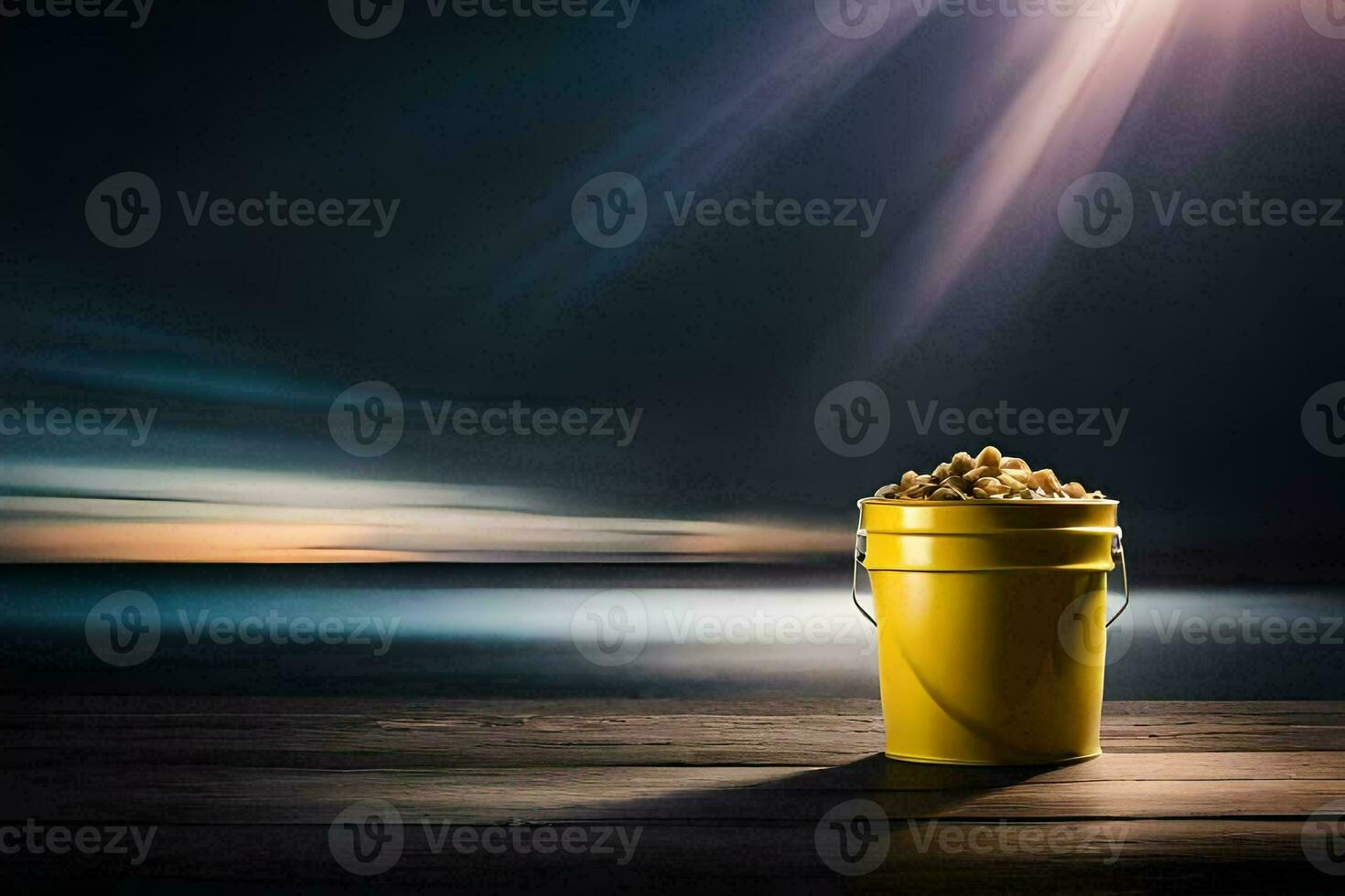 een emmer van popcorn Aan een houten tafel met een helder licht schijnend in de achtergrond. ai-gegenereerd foto