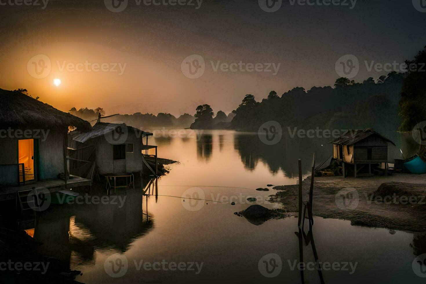 een klein dorp Aan de kust van een meer Bij zonsopkomst. ai-gegenereerd foto