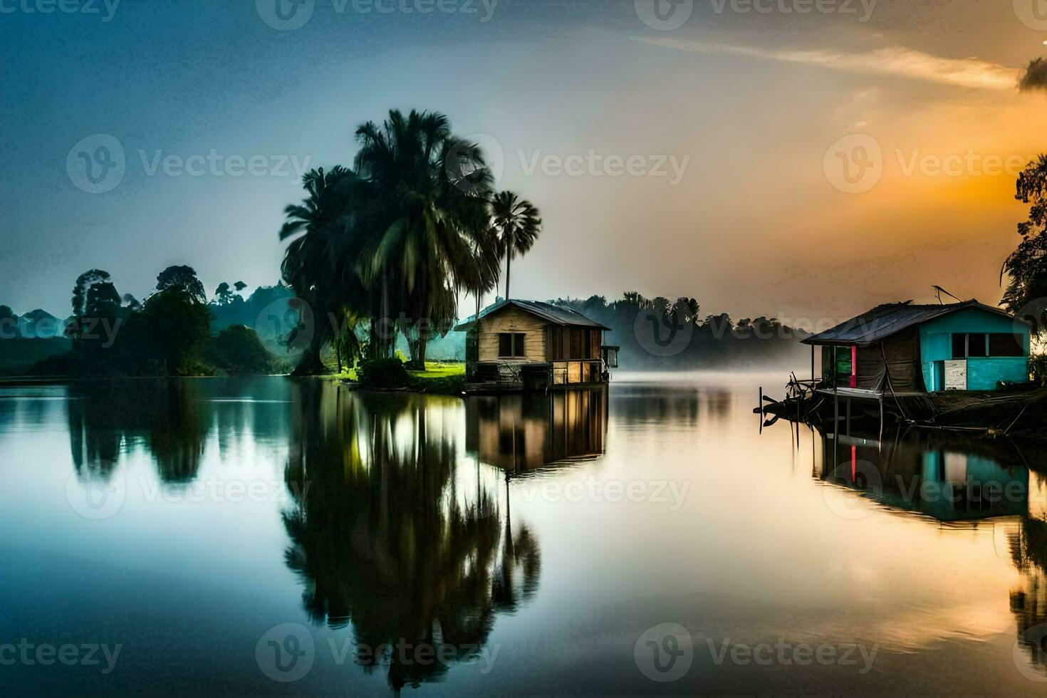 een huis Aan de water met palm bomen in de achtergrond. ai-gegenereerd foto