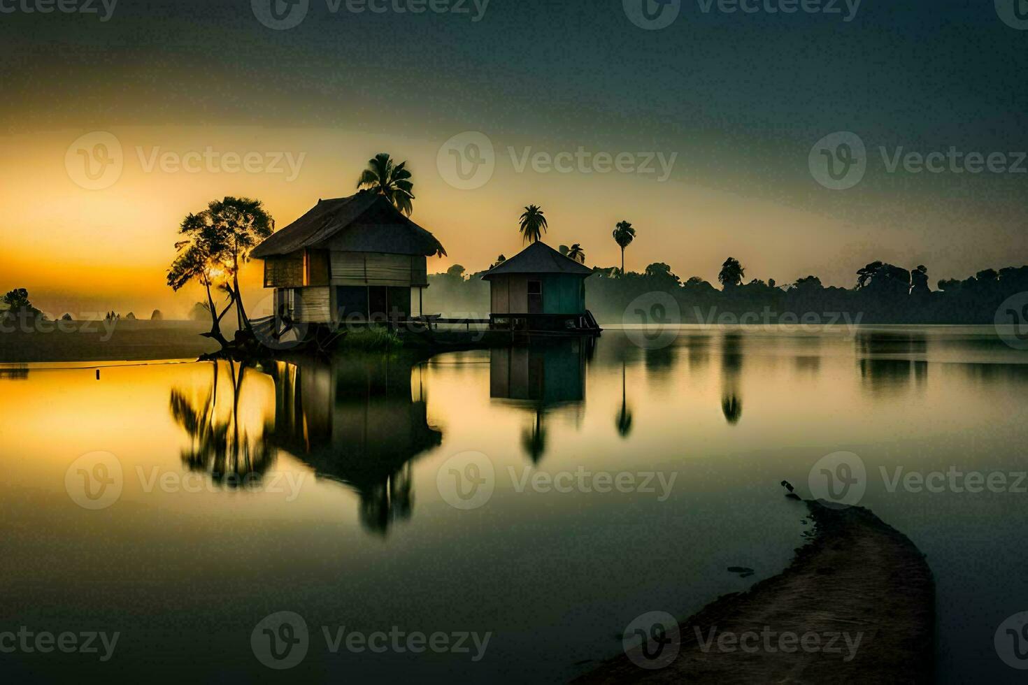 een huis Aan de water Bij zonsondergang. ai-gegenereerd foto