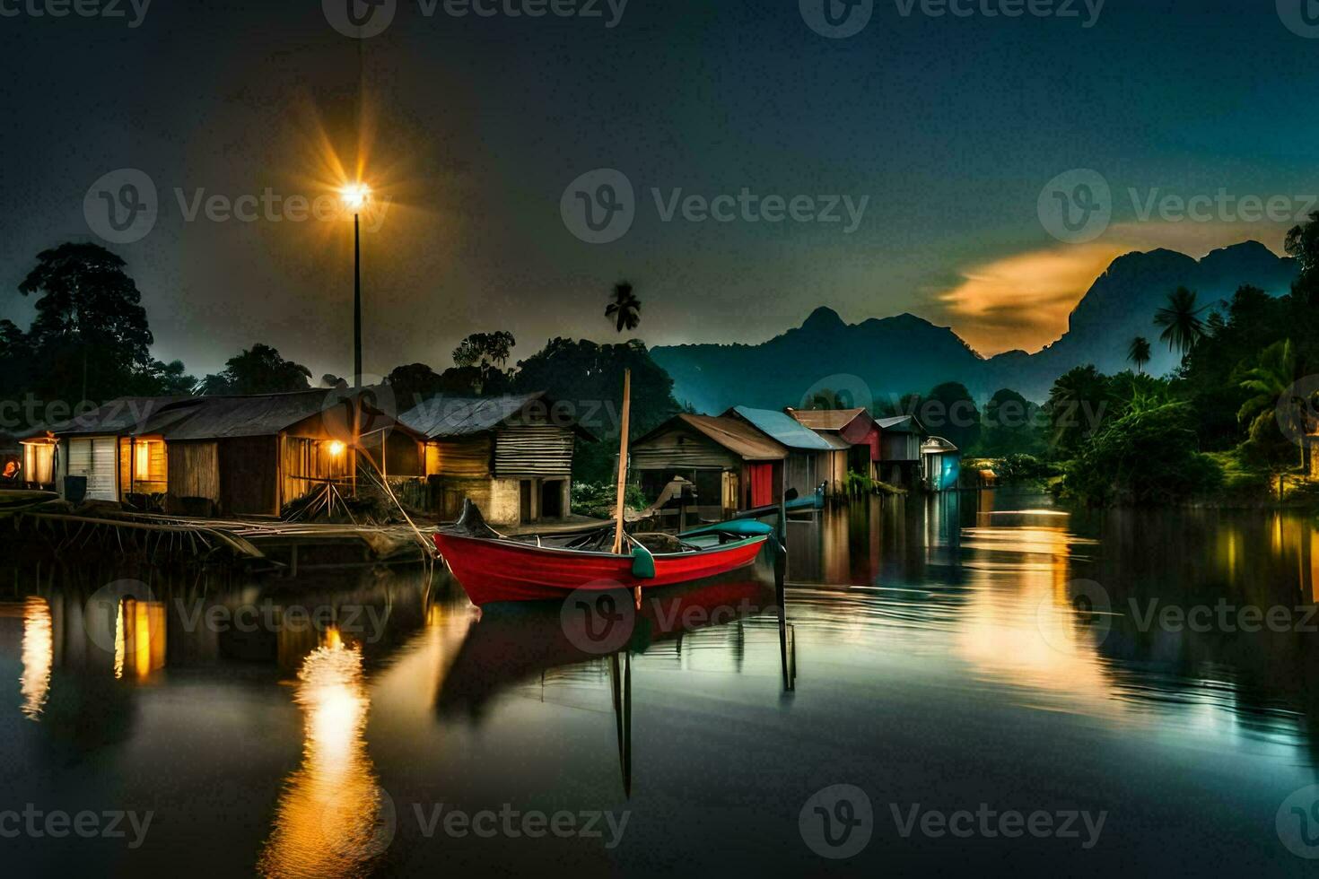 een boot zit Aan de water Bij nacht met huizen in de achtergrond. ai-gegenereerd foto