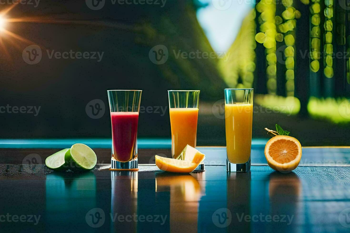 drie bril van oranje sap Aan een tafel. ai-gegenereerd foto