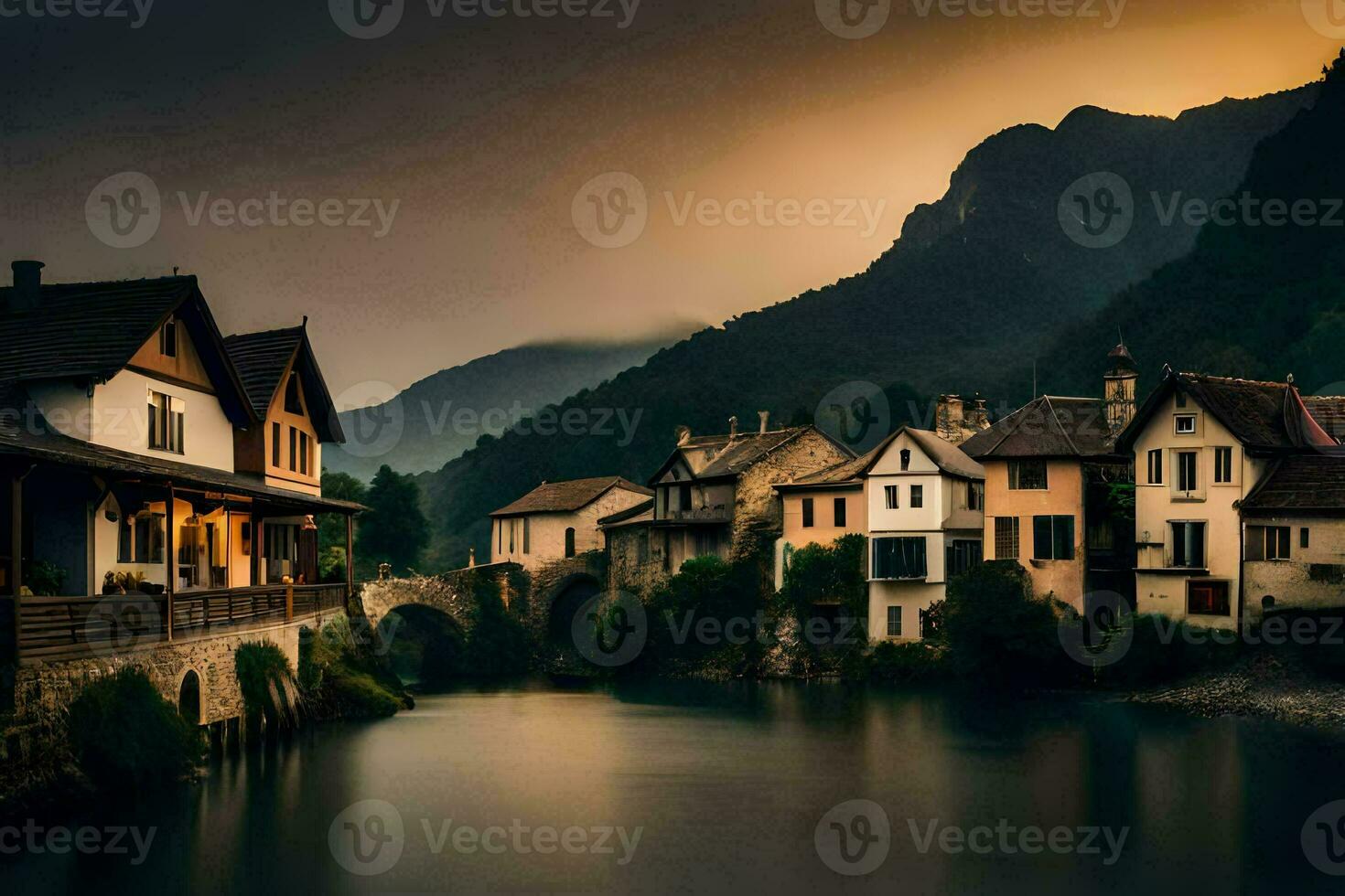 foto behang de lucht, water, bergen, huizen, rivier, zonsondergang, de bergen, de. ai-gegenereerd