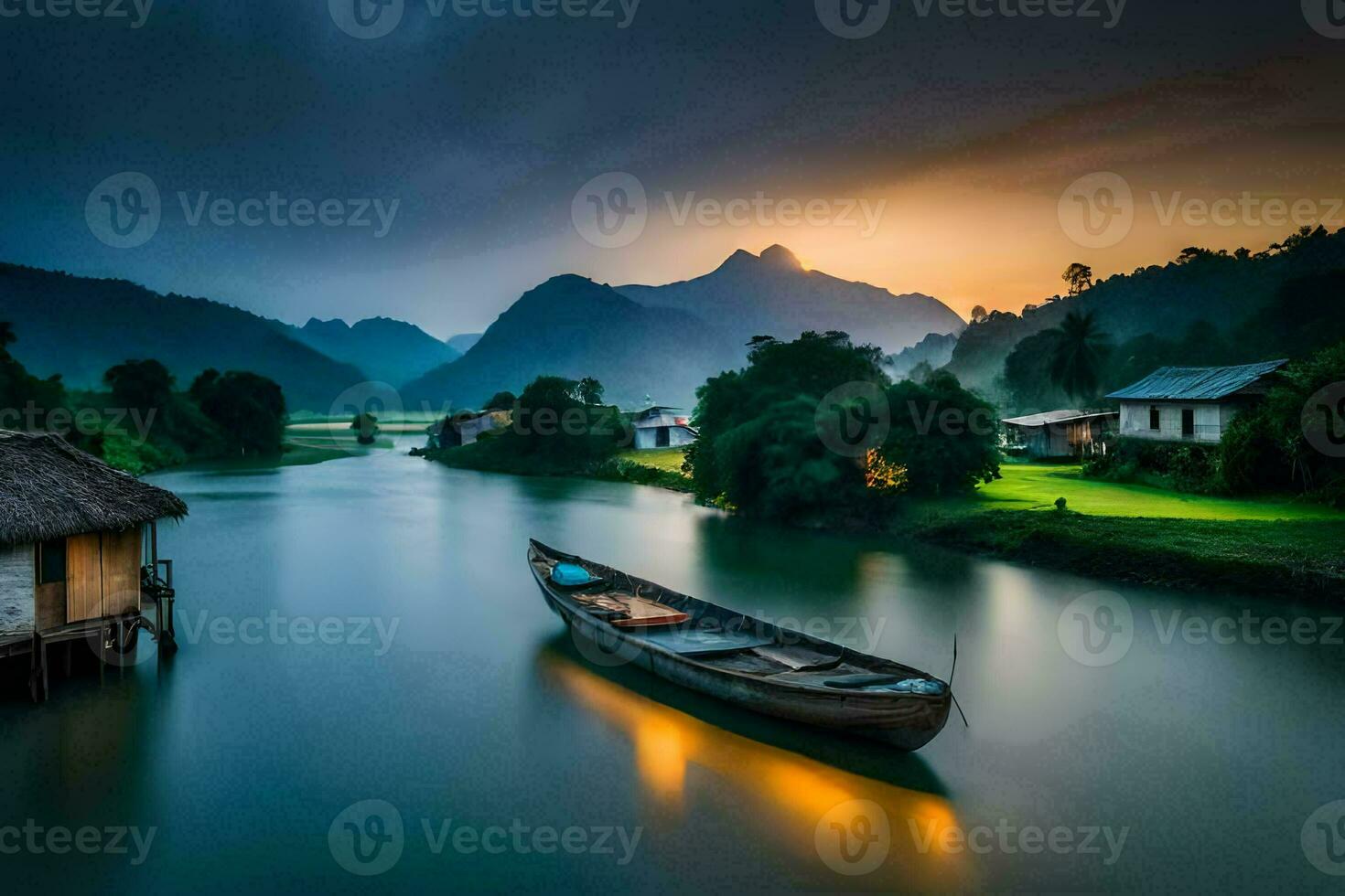 een boot zit Aan de rivier- Bij zonsondergang. ai-gegenereerd foto