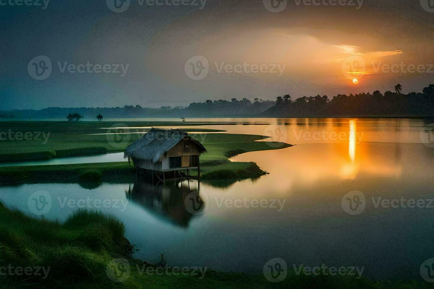 de zon stijgt over- de water en de hut in de midden- van de rivier. ai-gegenereerd foto