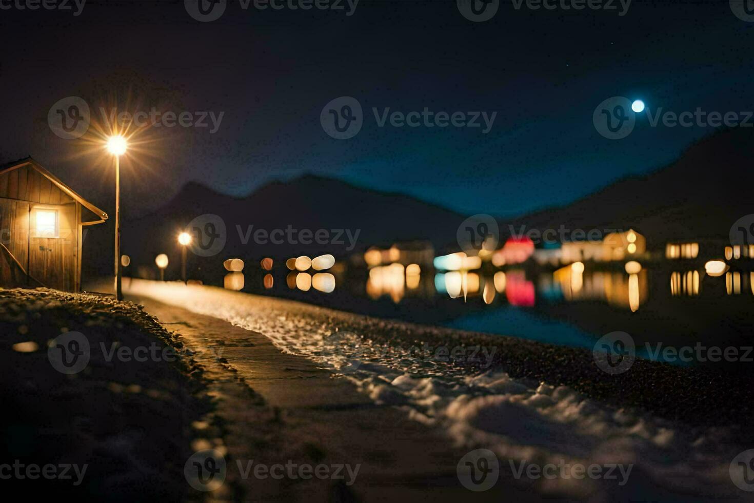 een nacht tijd foto van een meer en een huis. ai-gegenereerd