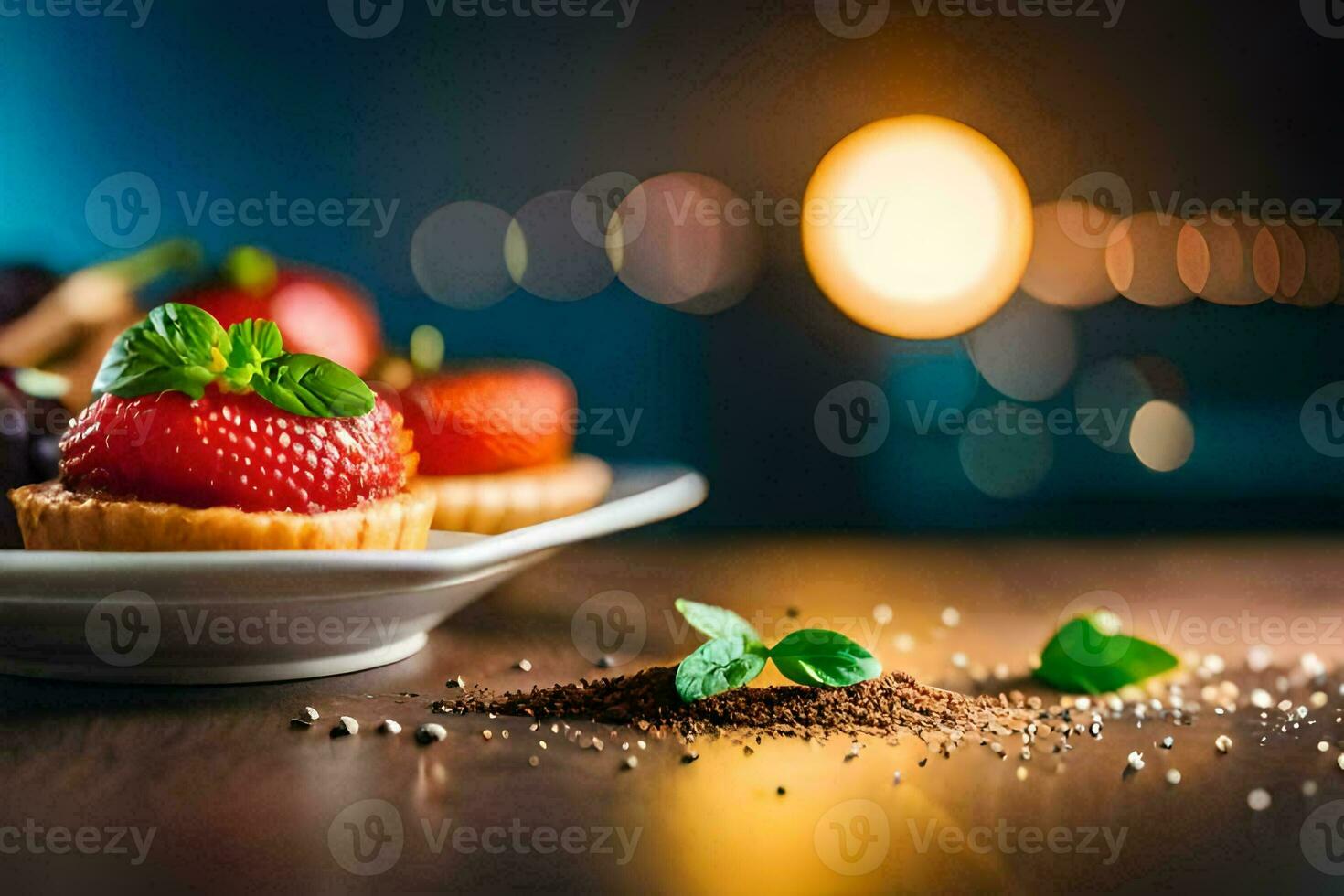 een bord met aardbeien en chocola Aan een tafel. ai-gegenereerd foto