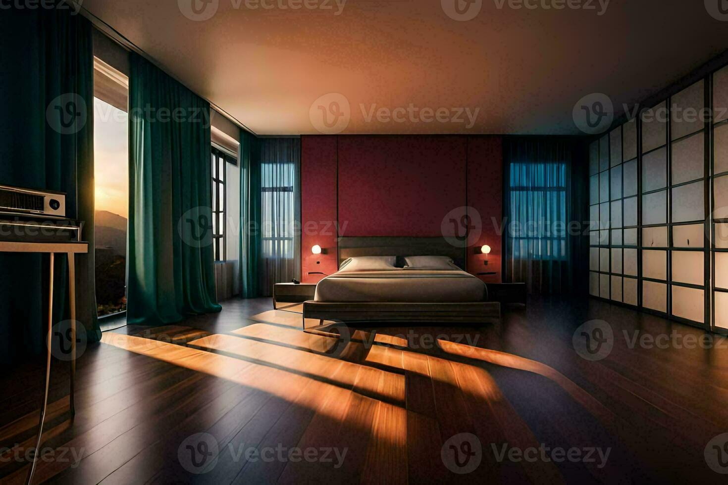 een slaapkamer met een bed en houten vloeren. ai-gegenereerd foto