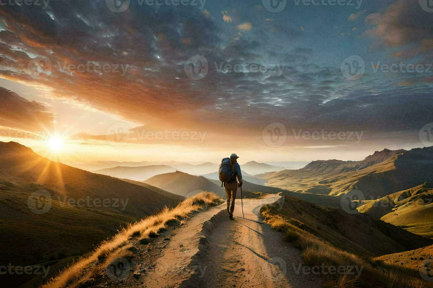 een Mens wandelingen langs een pad in de bergen Bij zonsondergang. ai-gegenereerd foto