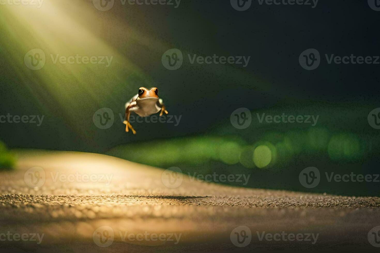 een kikker jumping in de lucht Aan een weg. ai-gegenereerd foto