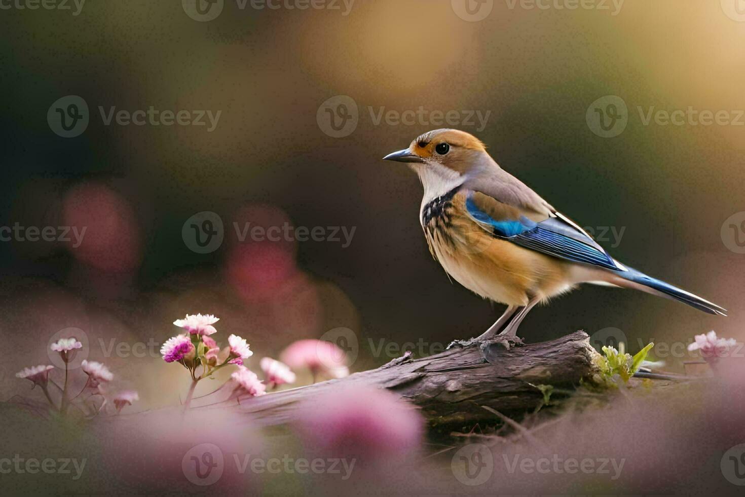 een vogel is zittend Aan een Afdeling in een veld. ai-gegenereerd foto