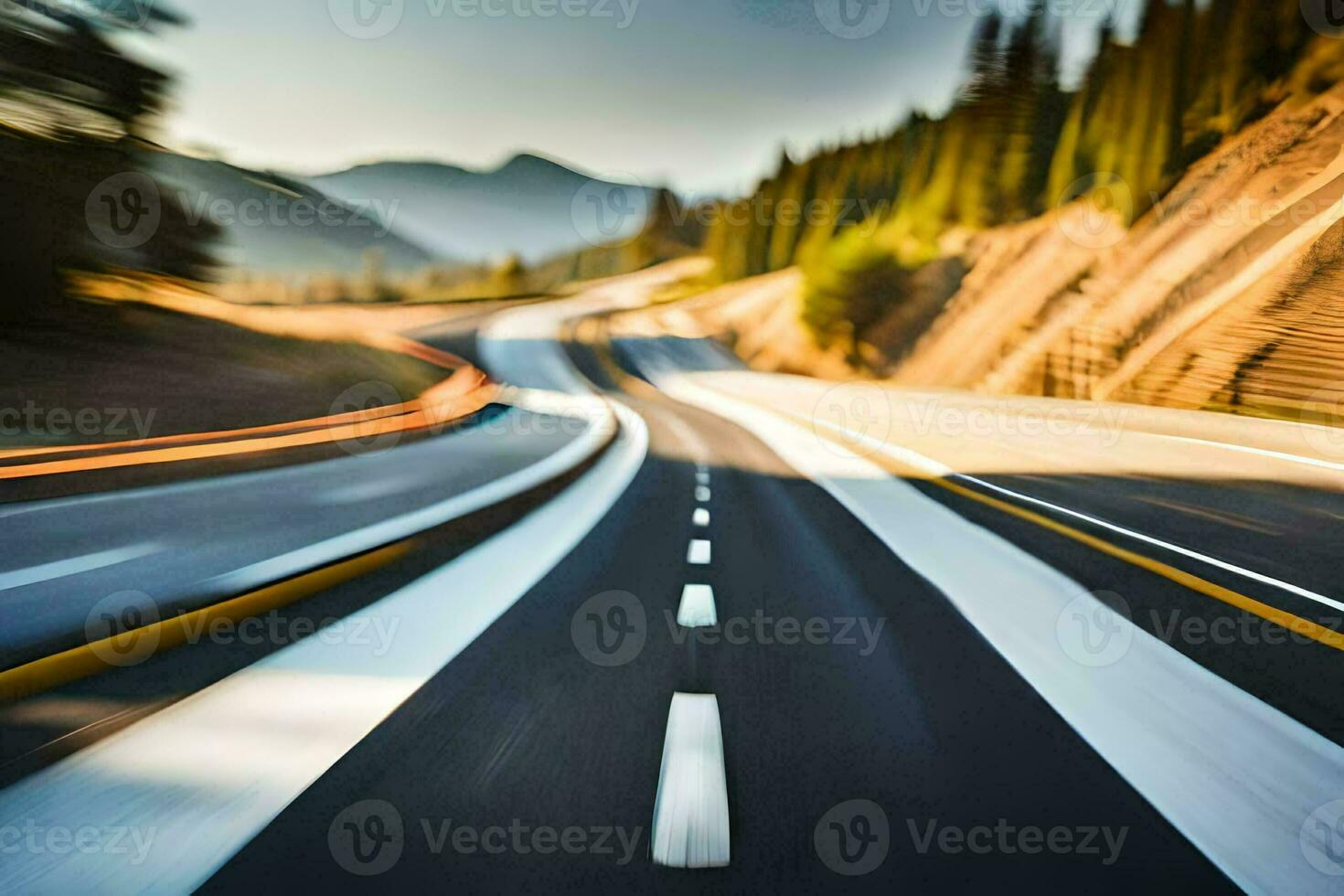 een wazig beeld van een snelweg met een auto het rijden Aan het. ai-gegenereerd foto