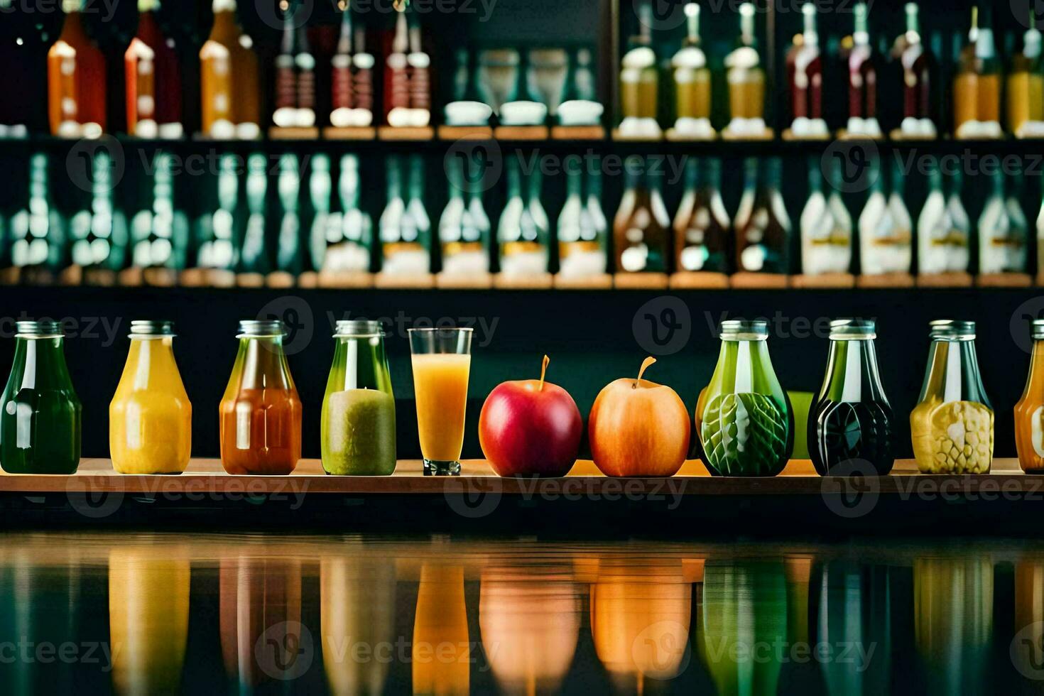 een rij van verschillend sappen en fruit Aan een plank. ai-gegenereerd foto