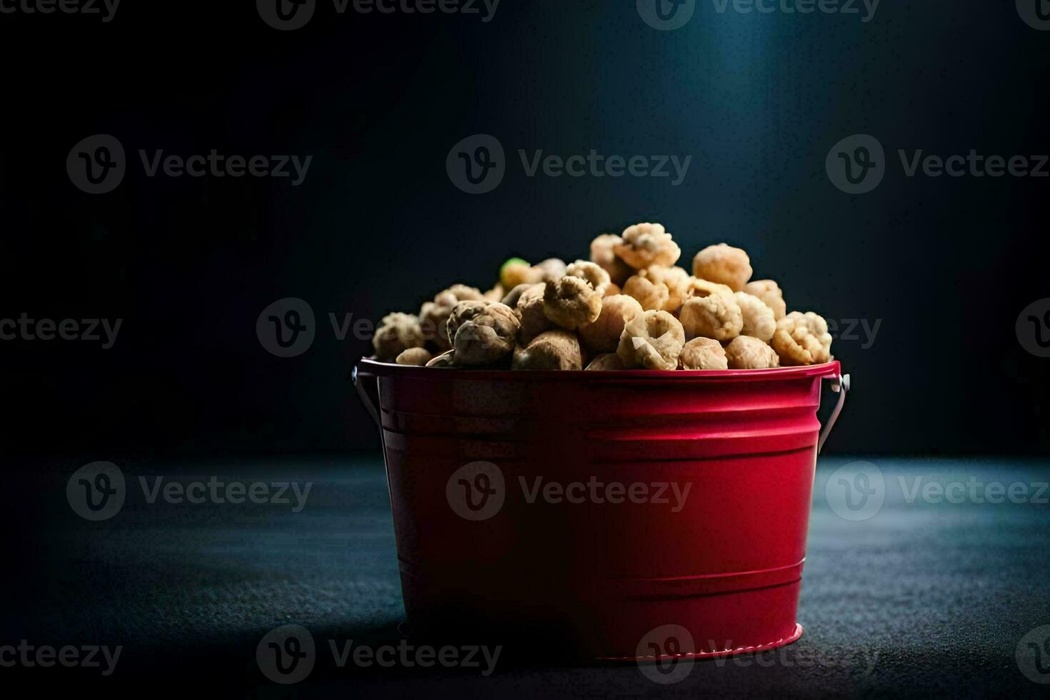 een emmer gevulde met popcorn Aan een donker achtergrond. ai-gegenereerd foto