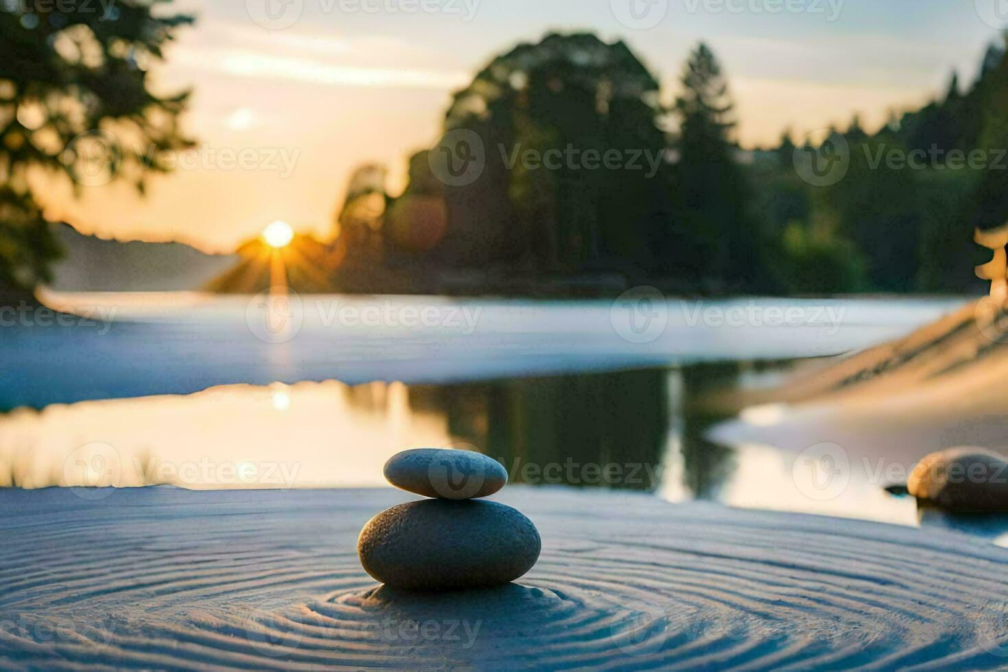 zen stenen in de water Bij zonsondergang. ai-gegenereerd foto