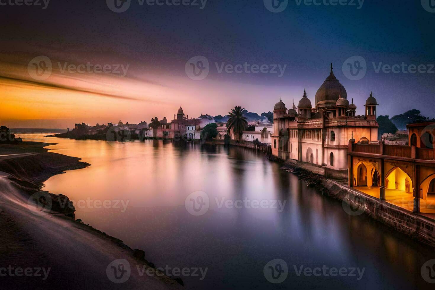 de zonsondergang over- de rivier- in Indië. ai-gegenereerd foto