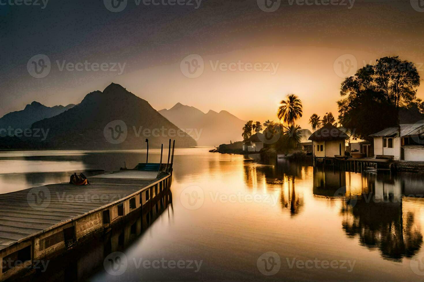 een boot dok in de midden- van een meer Bij zonsondergang. ai-gegenereerd foto