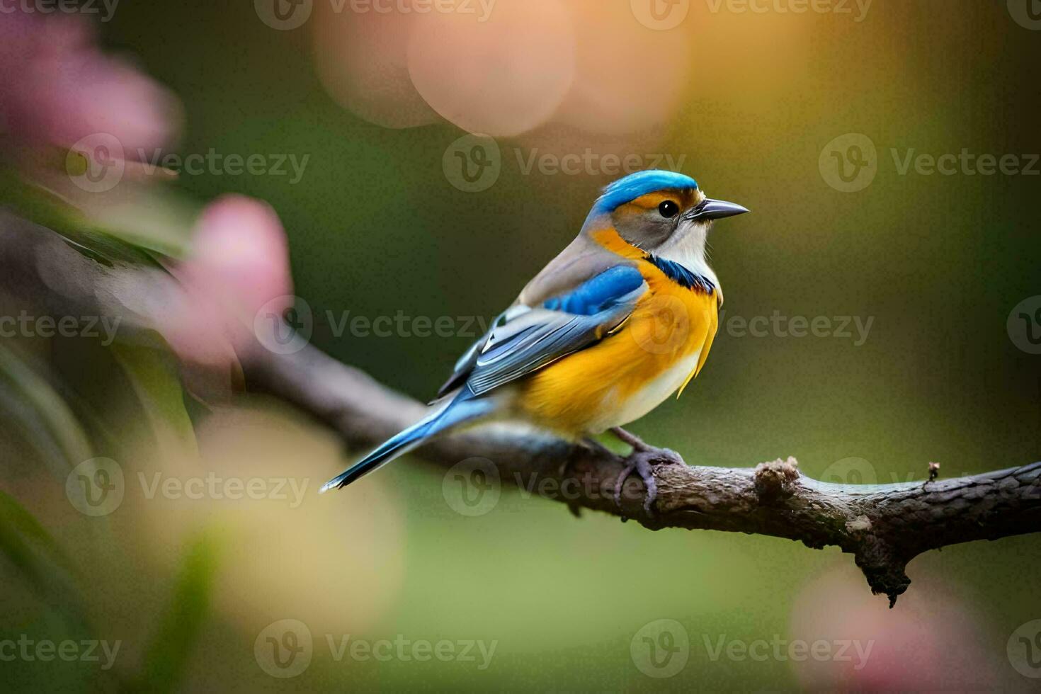 een blauw en oranje vogel is zittend Aan een Afdeling. ai-gegenereerd foto