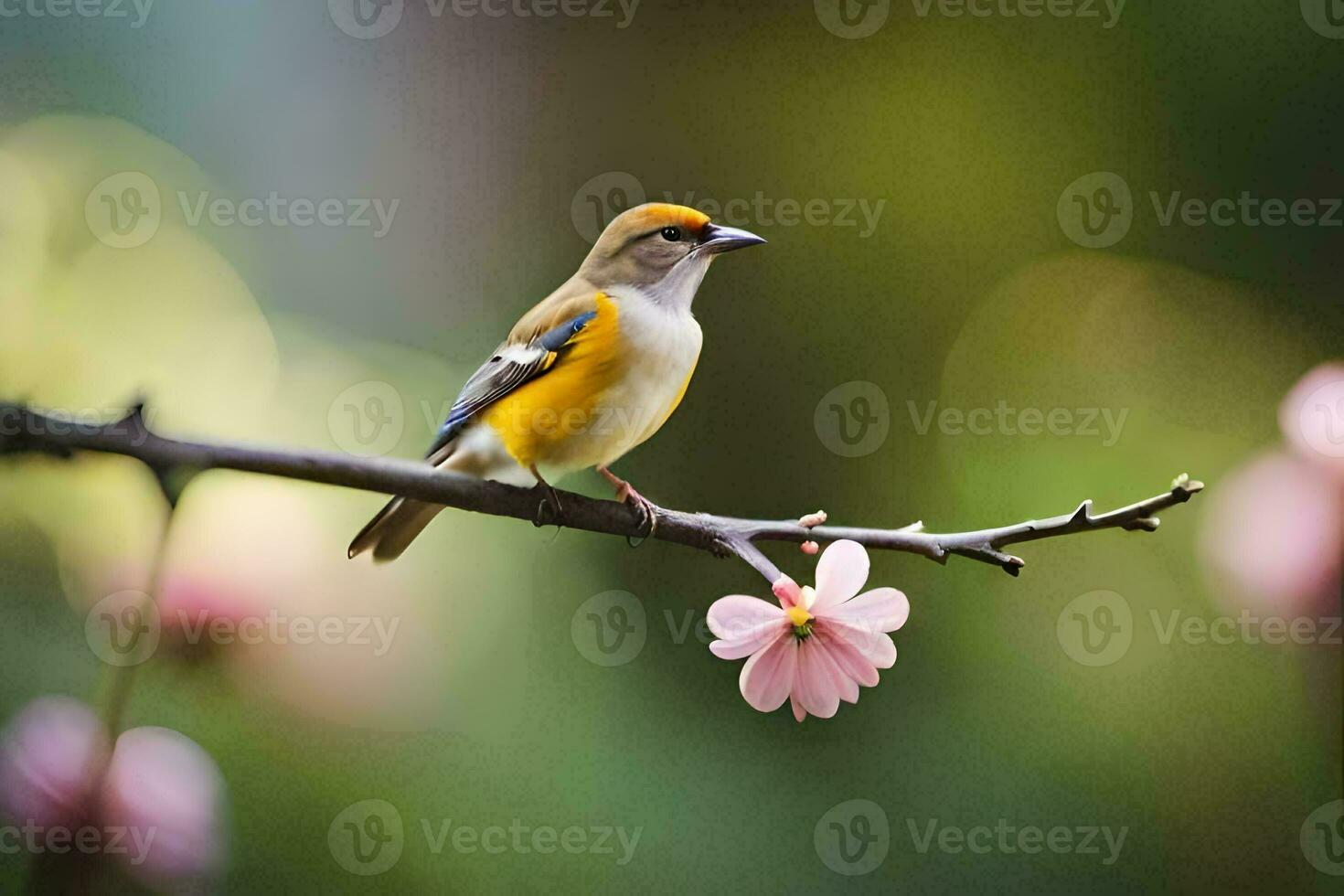 een klein vogel zit Aan een Afdeling met roze bloemen. ai-gegenereerd foto