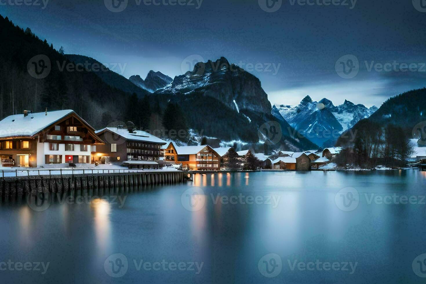 een meer en een berg dorp Bij nacht. ai-gegenereerd foto