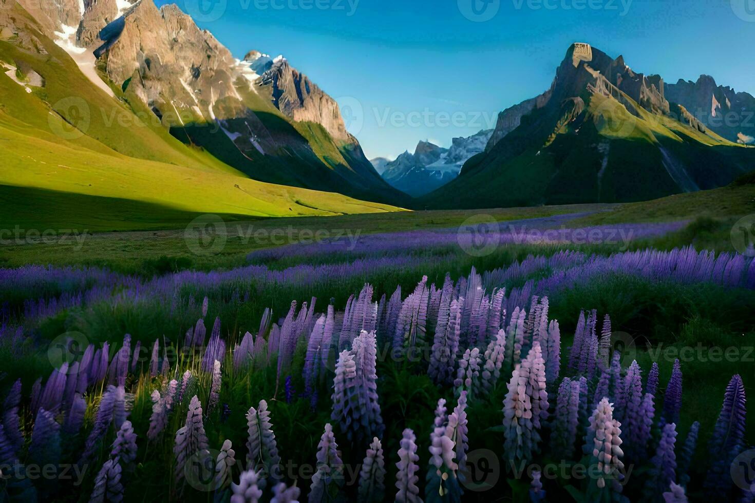 de lupine bloemen in de bergen. ai-gegenereerd foto