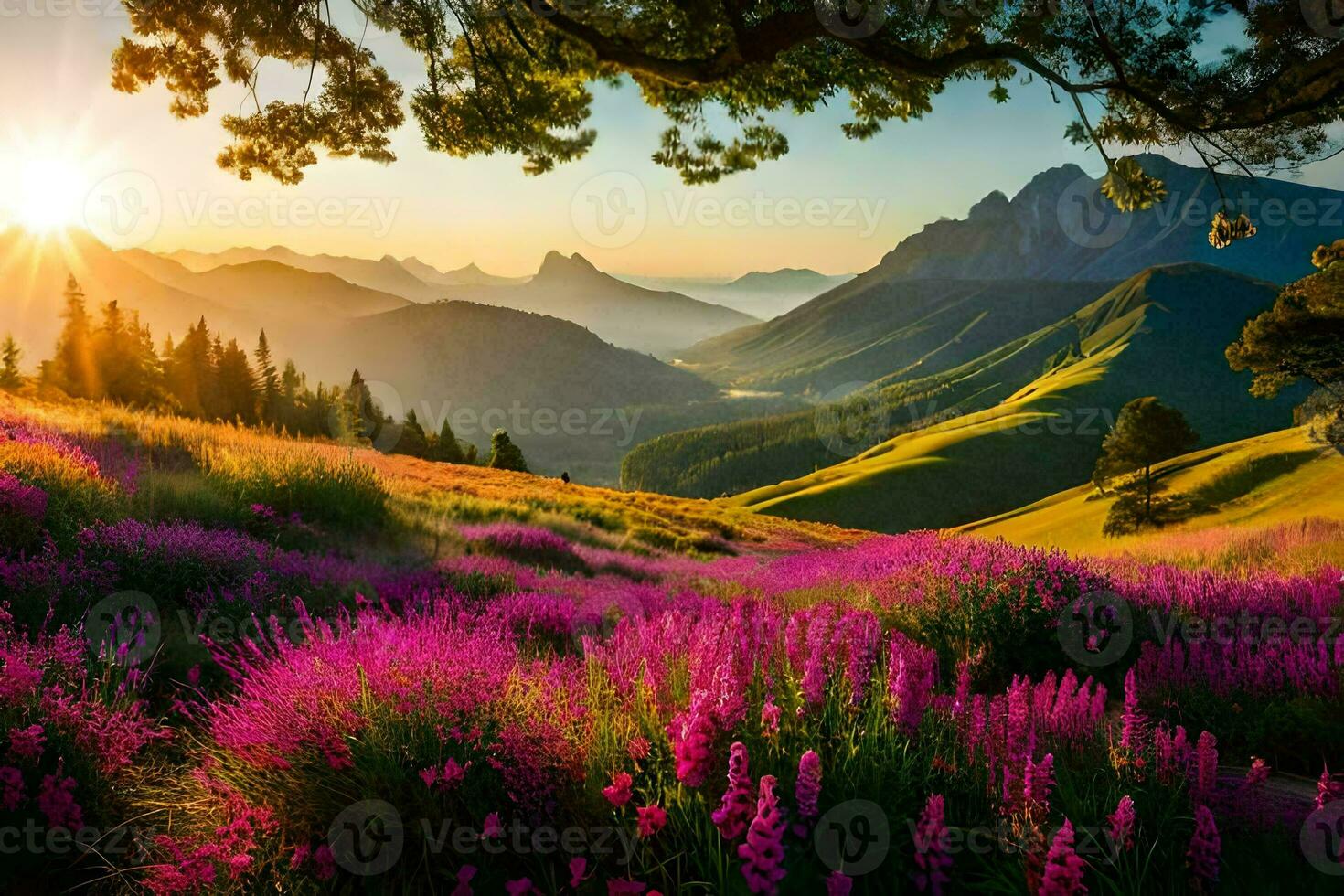 de zon stijgt over- de bergen in de achtergrond. ai-gegenereerd foto