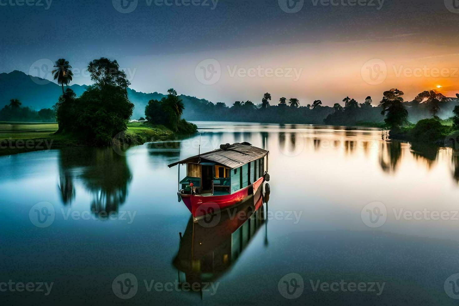 een boot Aan de rivier- Bij zonsopkomst. ai-gegenereerd foto