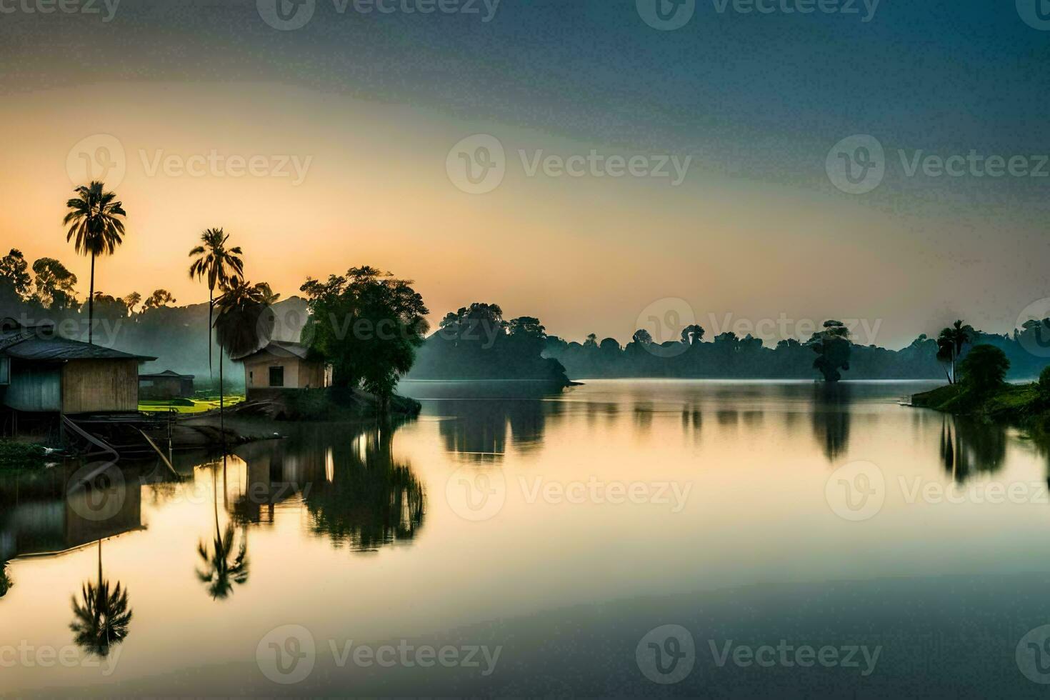 een rivier- met palm bomen en huizen Bij zonsondergang. ai-gegenereerd foto