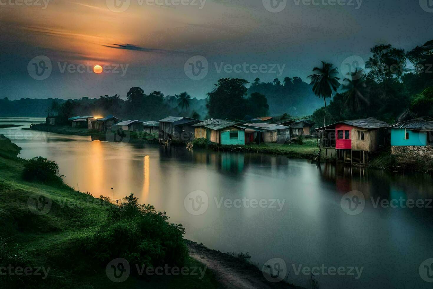 een rivier- met huizen en een zon instelling over- het. ai-gegenereerd foto