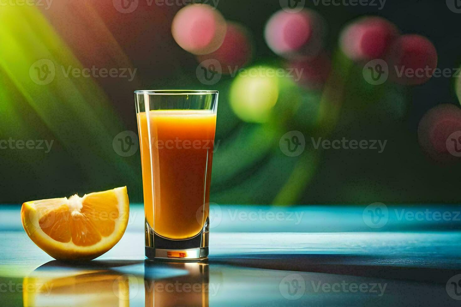 een oranje sap glas met een plak van oranje. ai-gegenereerd foto