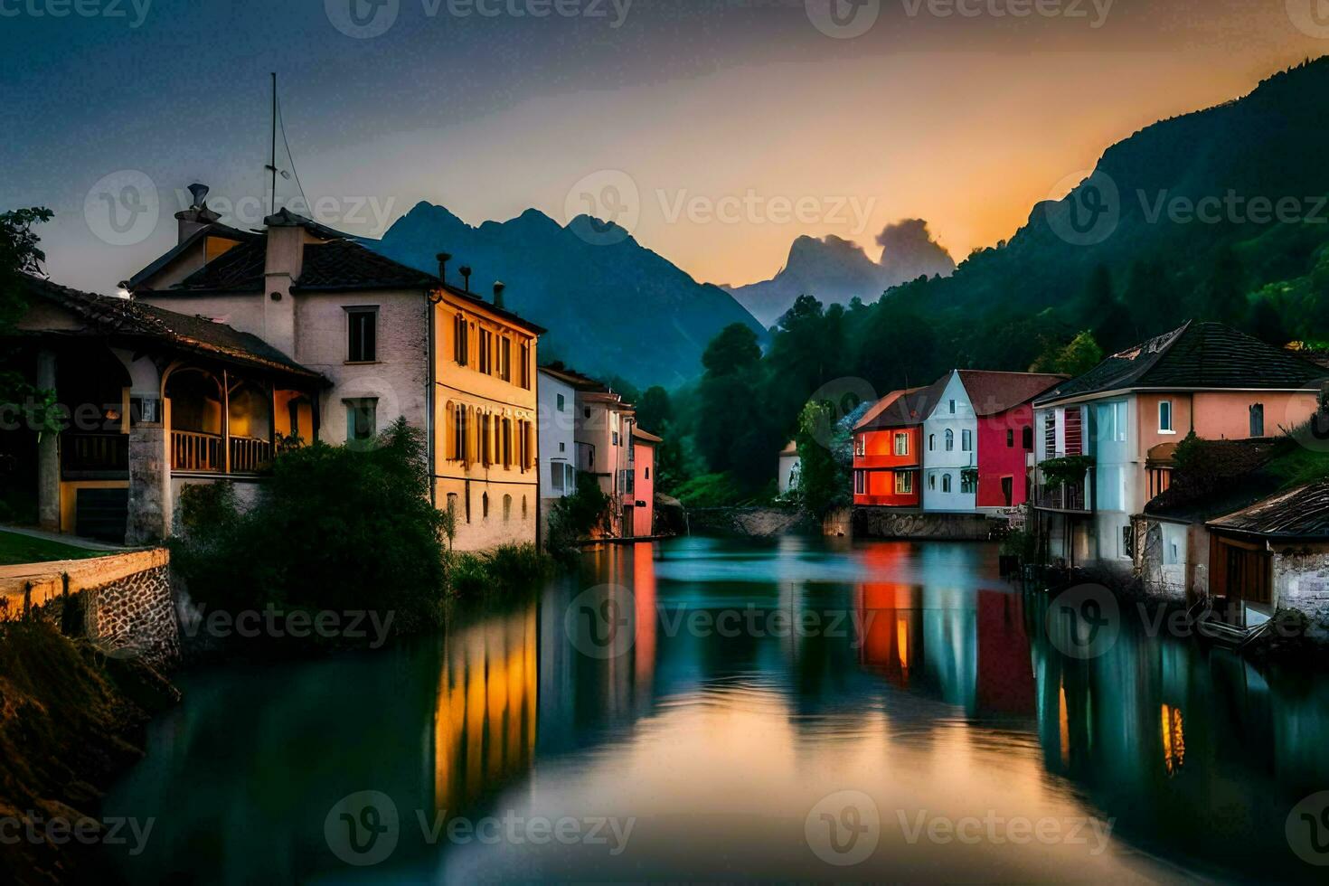 een rivier- loopt door een stad- Bij zonsondergang. ai-gegenereerd foto