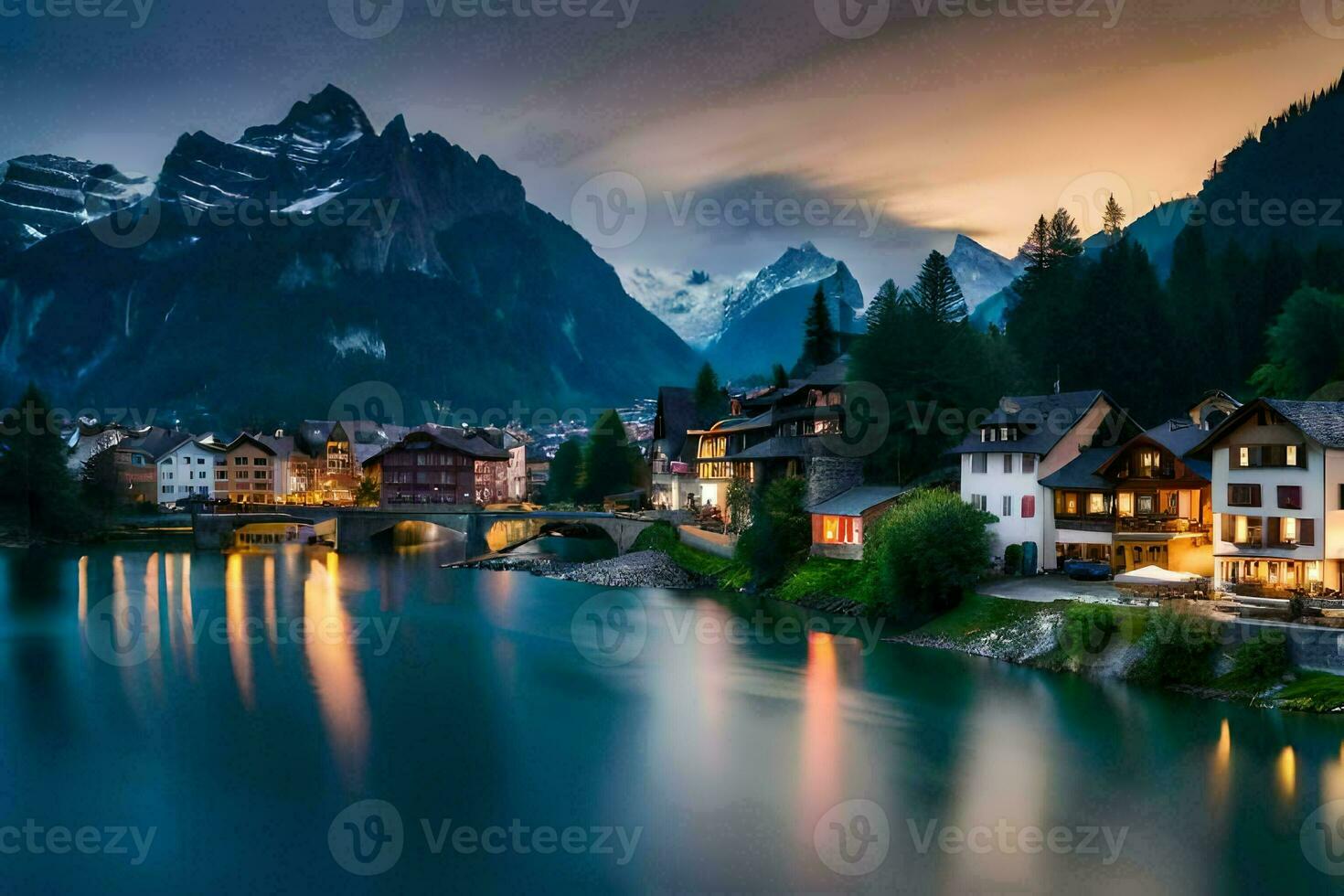 foto behang de lucht, bergen, rivier, huis, bergen, Zwitserland, alpen,. ai-gegenereerd