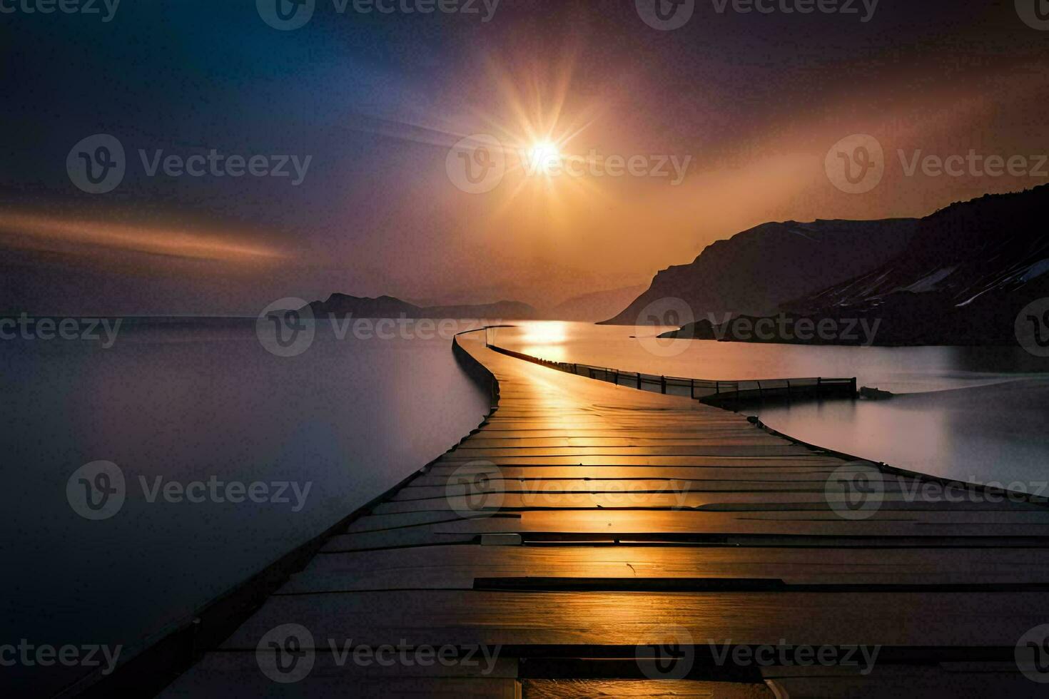 een lang houten pier strekt zich uit in de oceaan Bij zonsondergang. ai-gegenereerd foto