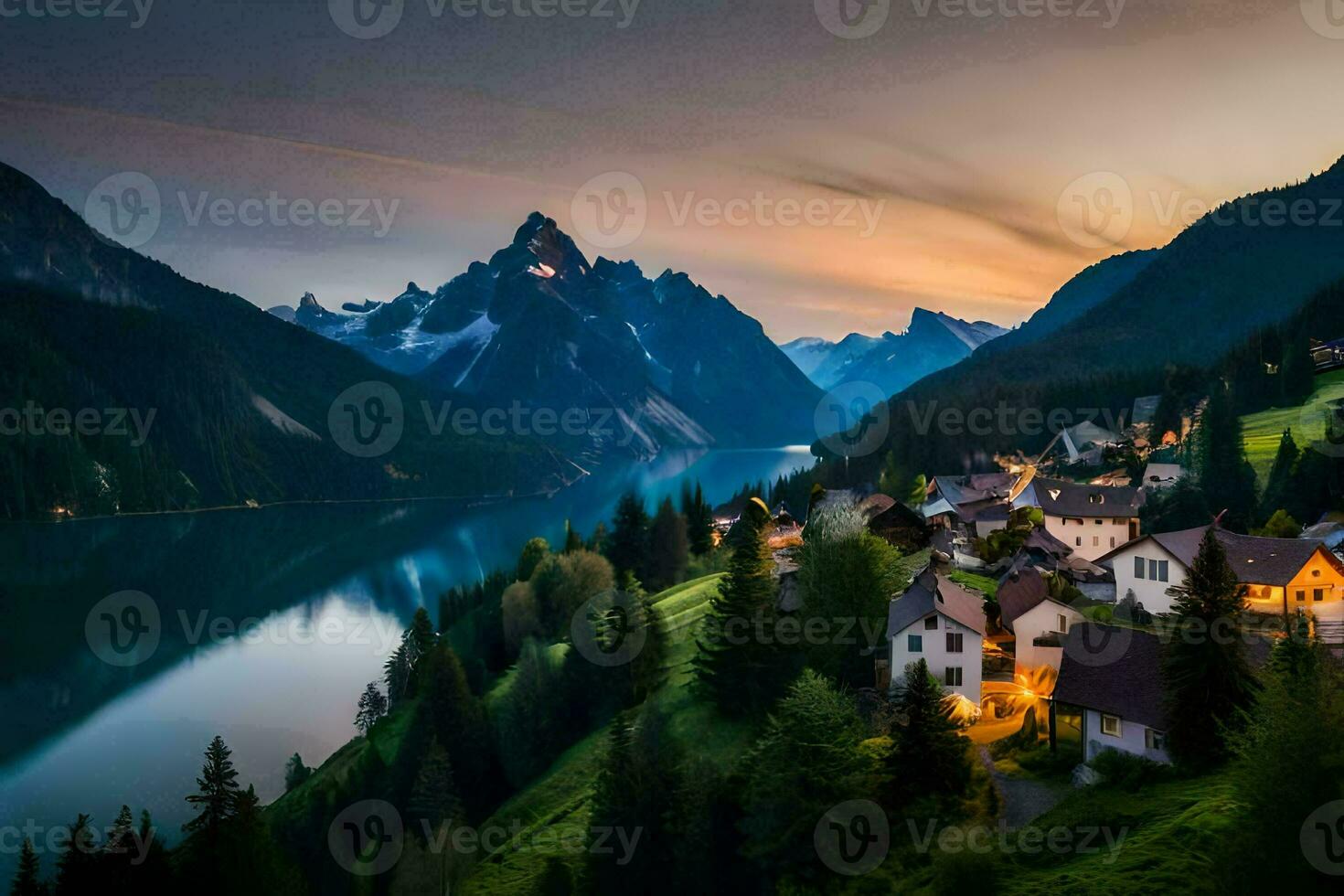 de dorp van alpin in de Alpen. ai-gegenereerd foto