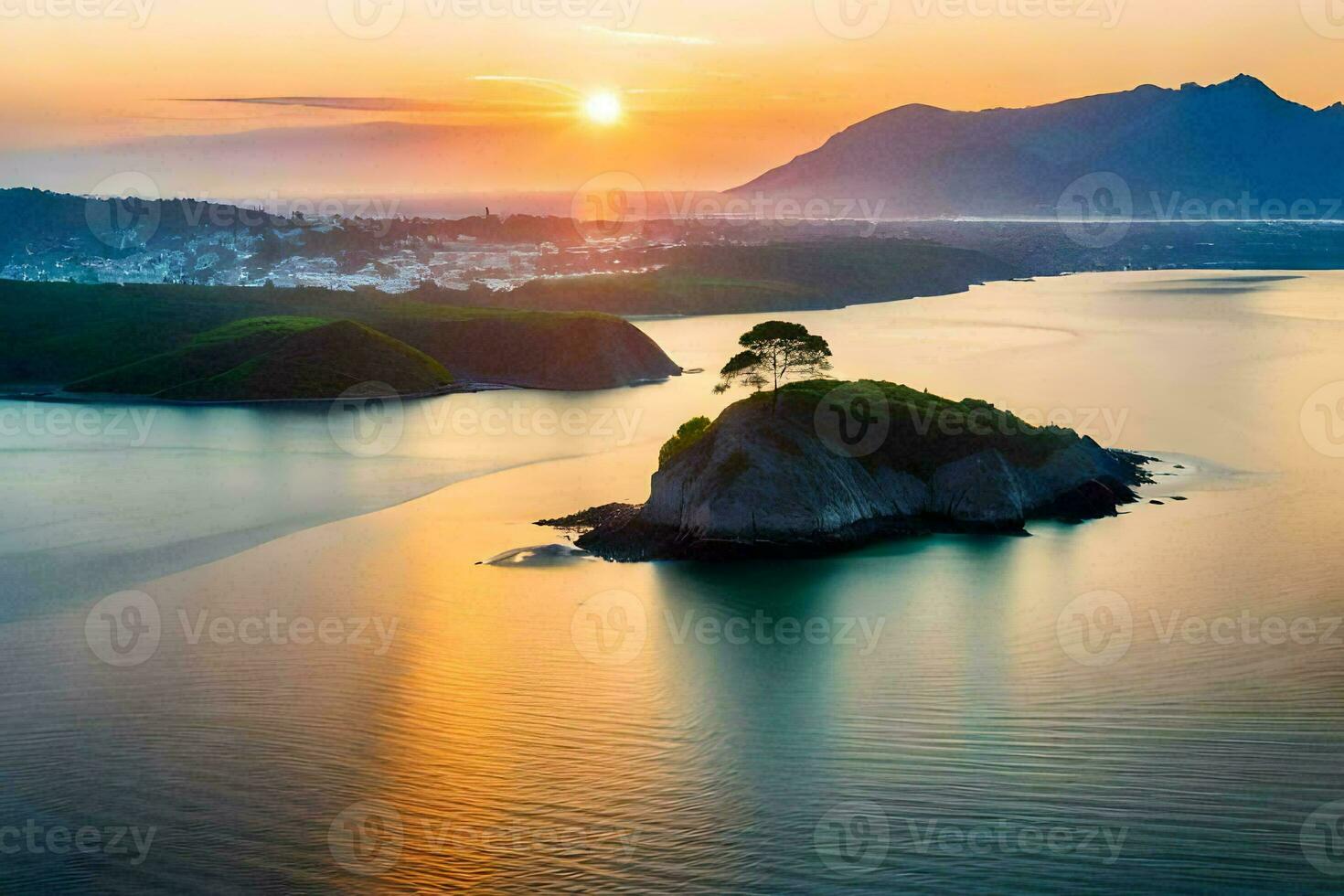 de zon sets over- een klein eiland in de midden- van de oceaan. ai-gegenereerd foto
