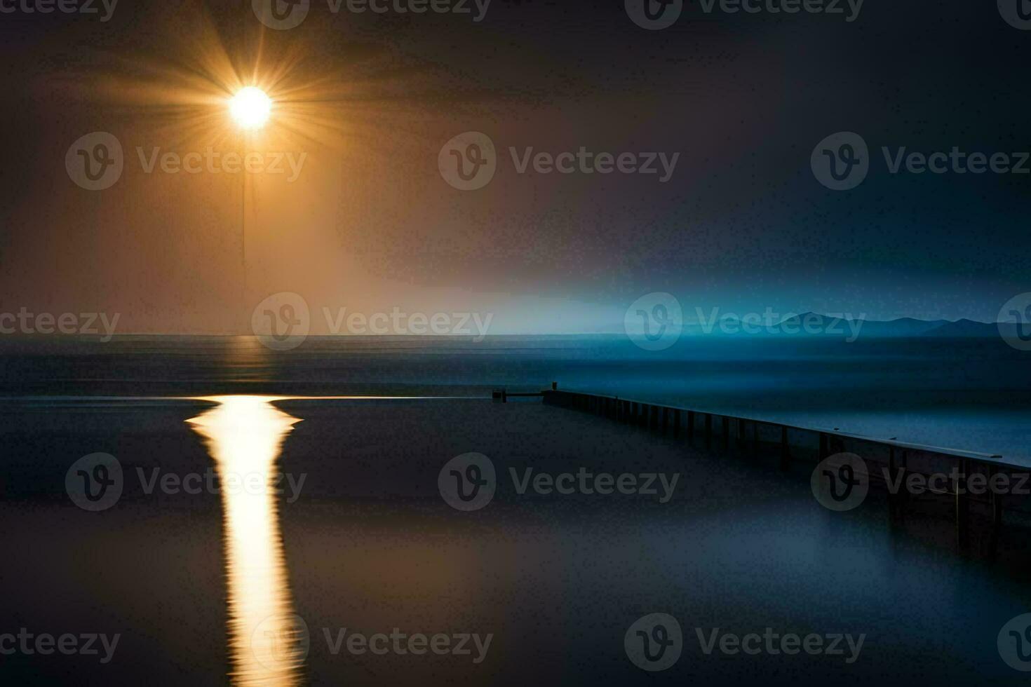 een pier in de oceaan met een helder zon schijnt. ai-gegenereerd foto