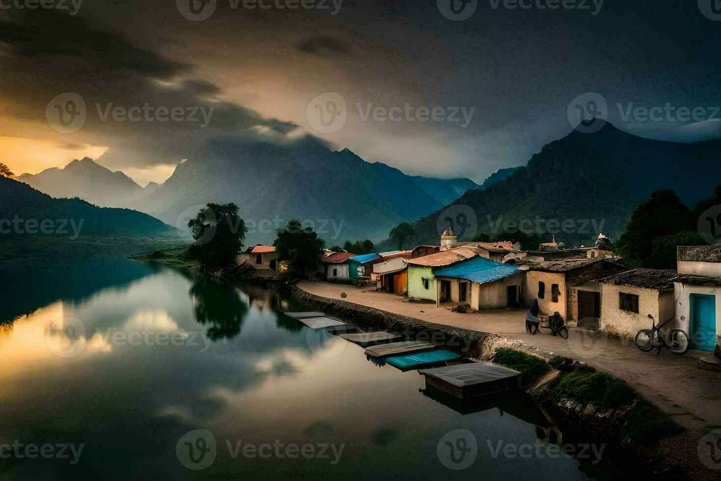 een dorp door de water met bergen in de achtergrond. ai-gegenereerd foto