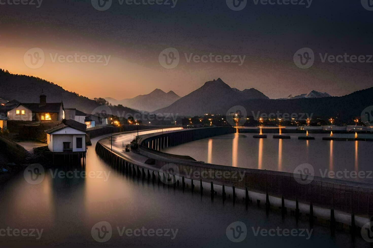 een lang blootstelling fotograaf van een rivier- en huizen Bij zonsondergang. ai-gegenereerd foto