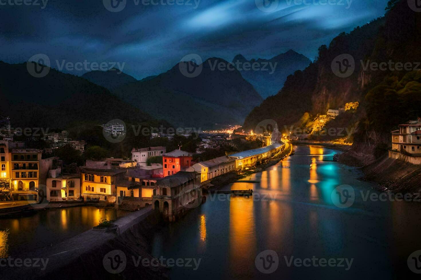 foto behang de lucht, nacht, bergen, rivier, dorp, nacht, de stad, nacht. ai-gegenereerd