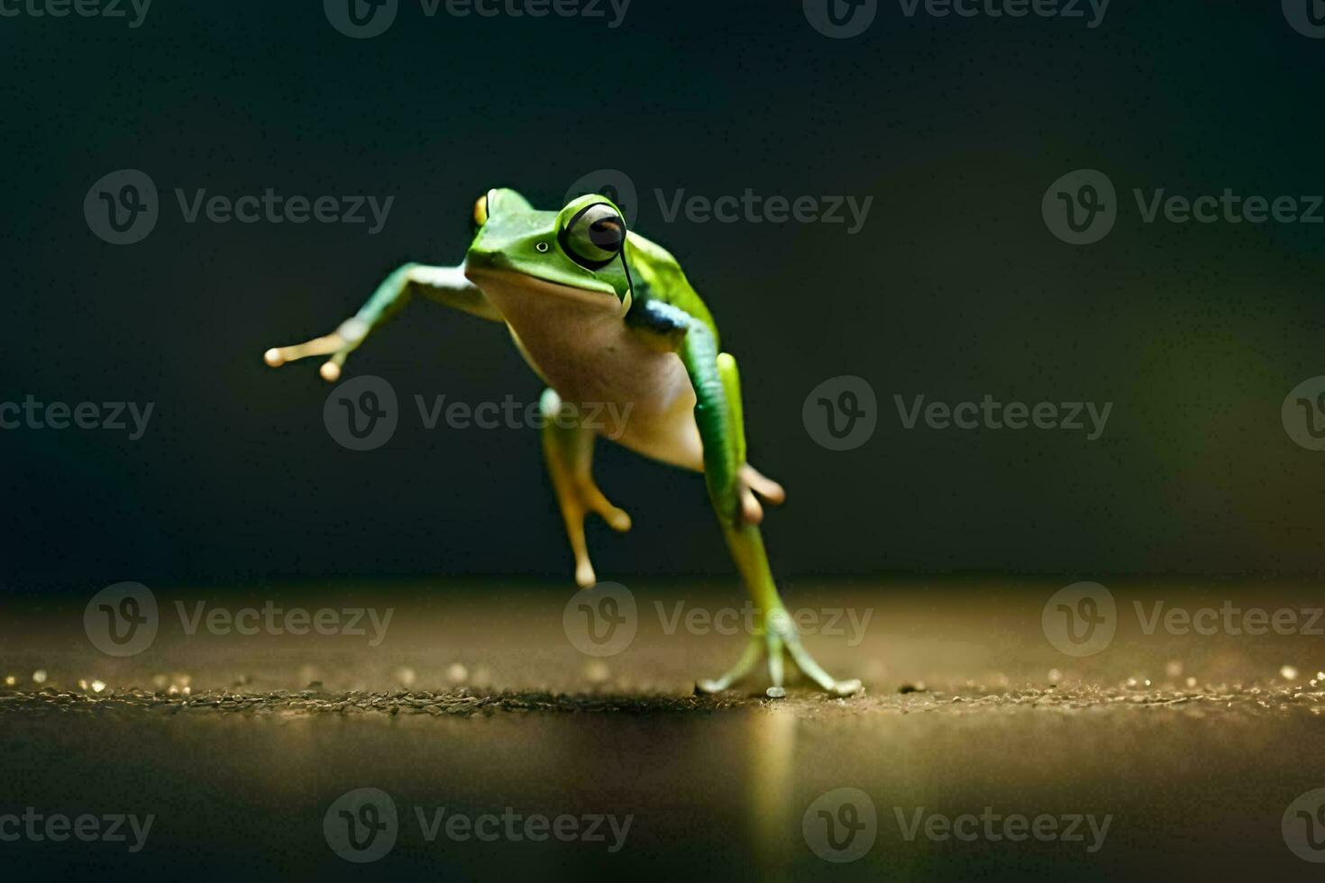 een kikker jumping Aan een donker achtergrond. ai-gegenereerd foto