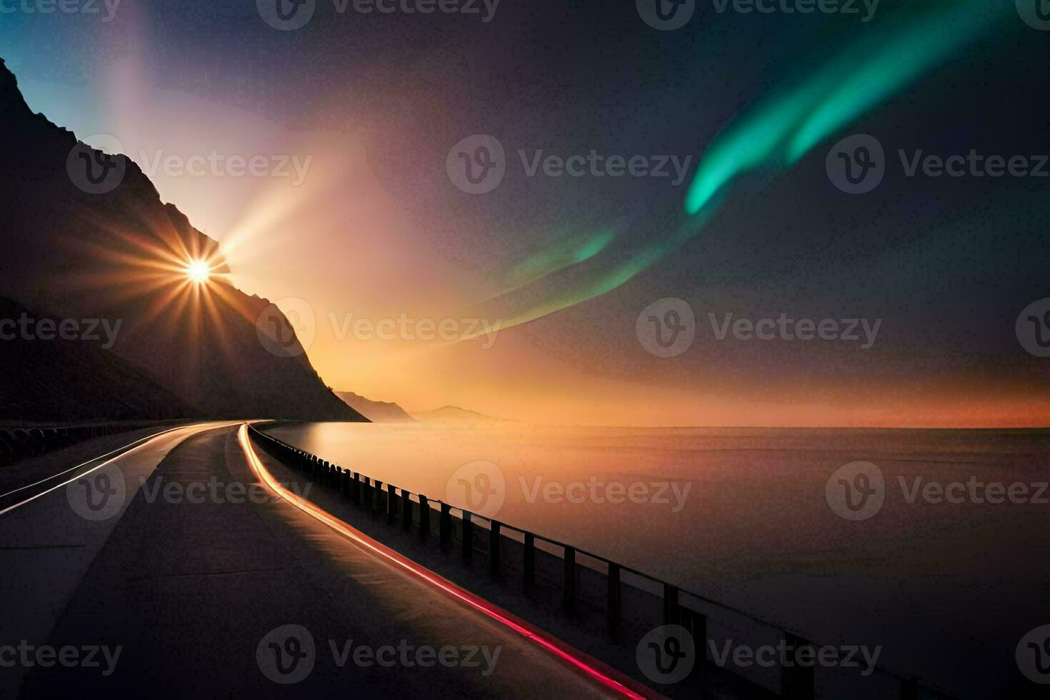 de Aurora lichten schijnen over- de weg en bergen. ai-gegenereerd foto