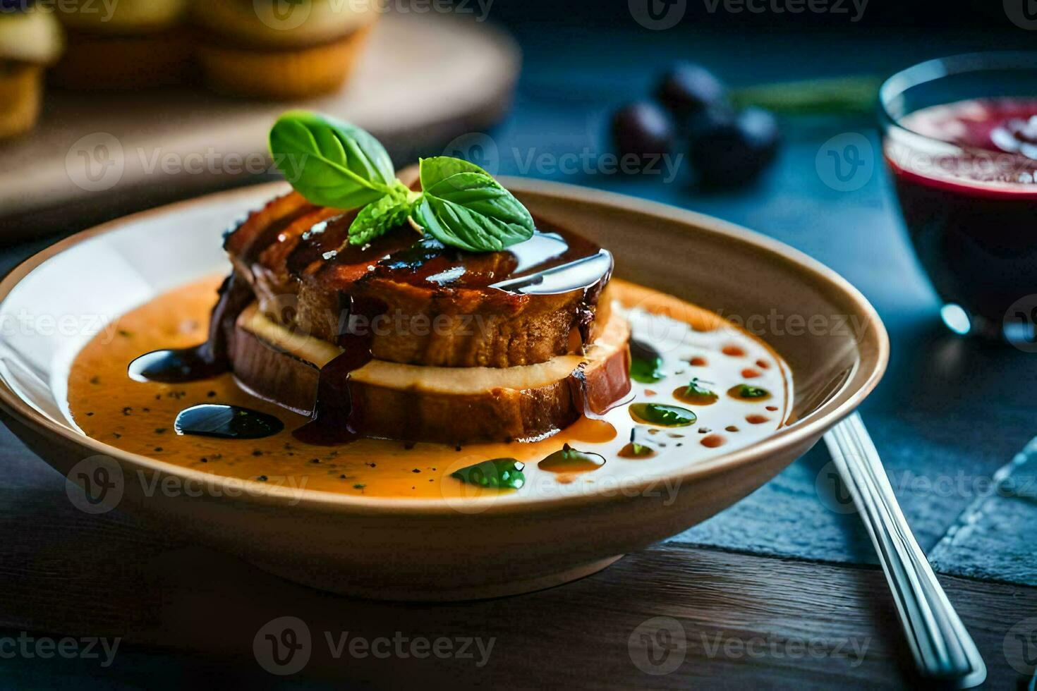 een bord van voedsel met een plak van brood en saus. ai-gegenereerd foto