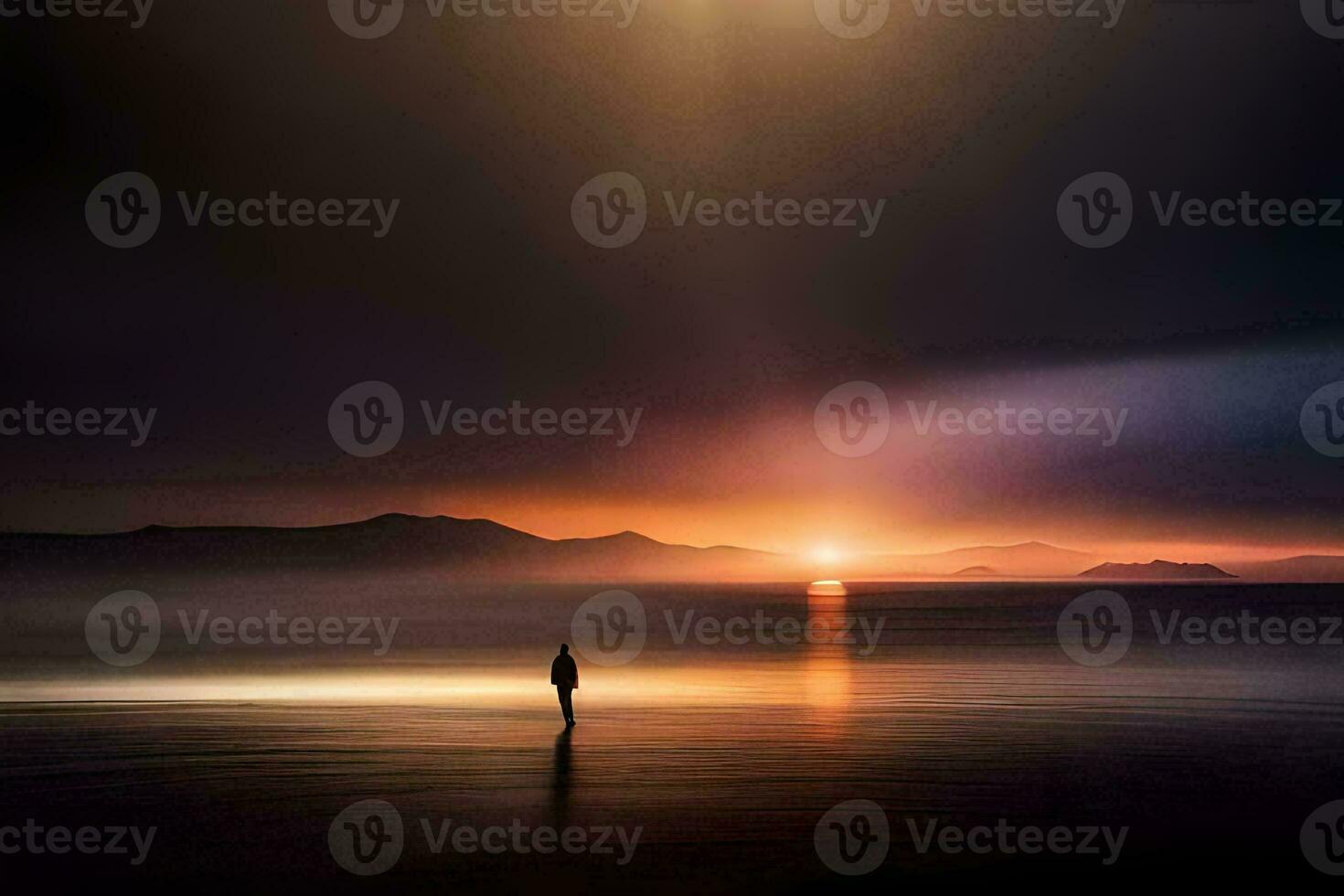 een persoon staand Aan de strand Bij zonsondergang. ai-gegenereerd foto