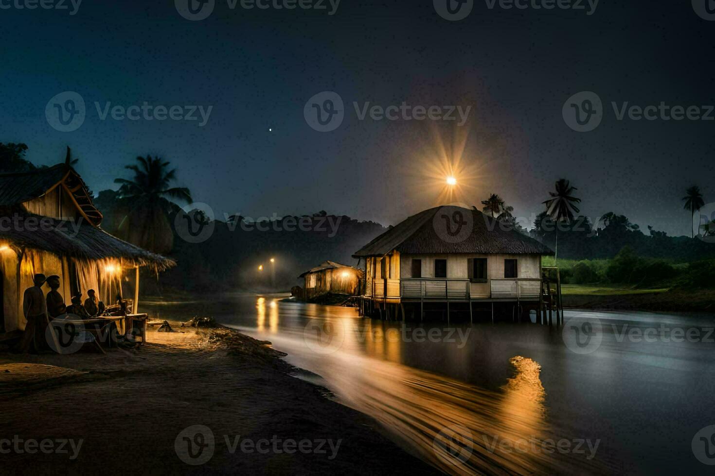 een rivier- Bij nacht met een huis Aan de oever. ai-gegenereerd foto