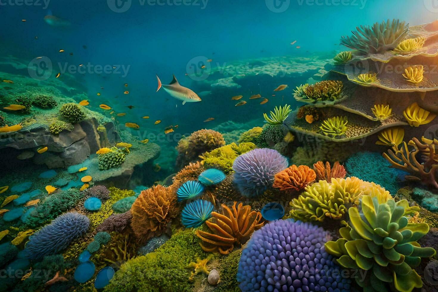 een onderwater- tafereel met kleurrijk koralen en vis. ai-gegenereerd foto